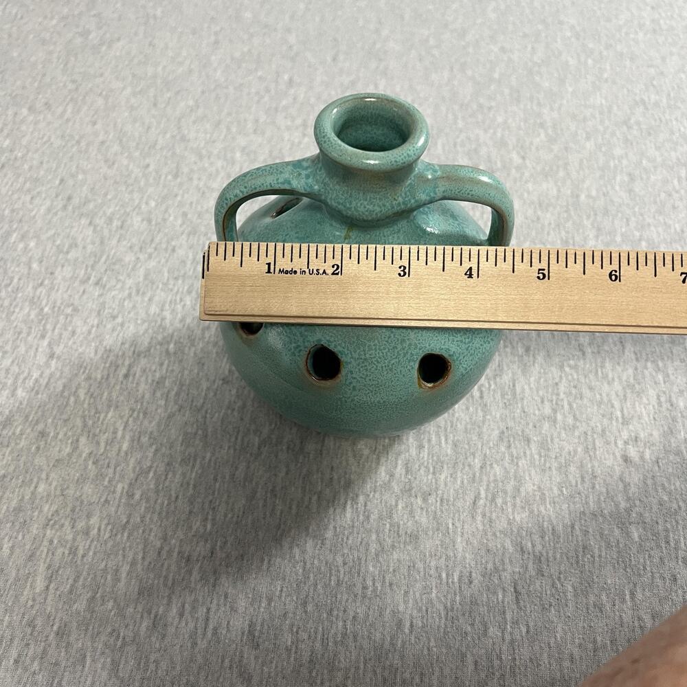 Vintage Turquoise Pottery Pansy Pot Vase Flower Frog Double Handle Jug Handmade - Picture 6 of 10